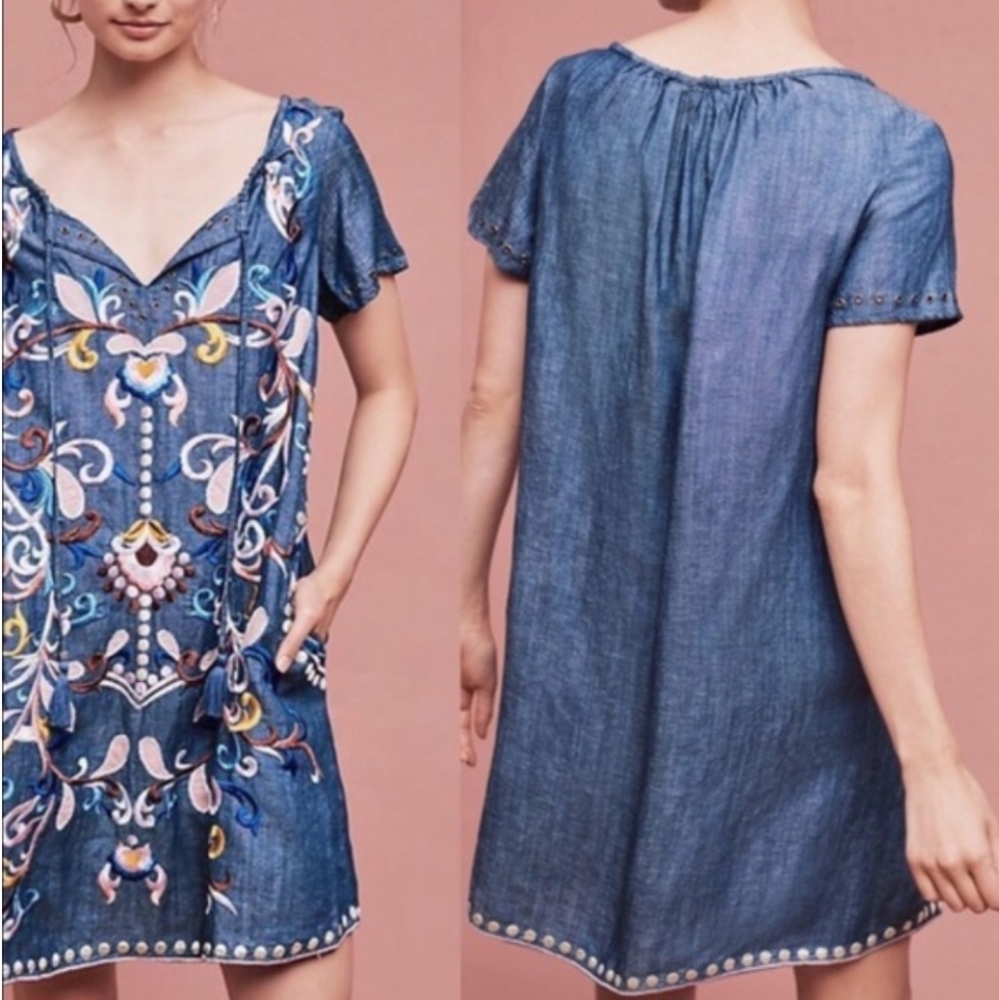 Anthrolopogie Holding Horses Embroidered Boho Denim Dress Size Small